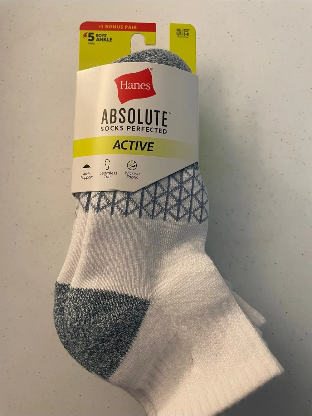 Hanes Boys White & Gray Active Ankle Socks with Geometric Cuff - 5 Pack